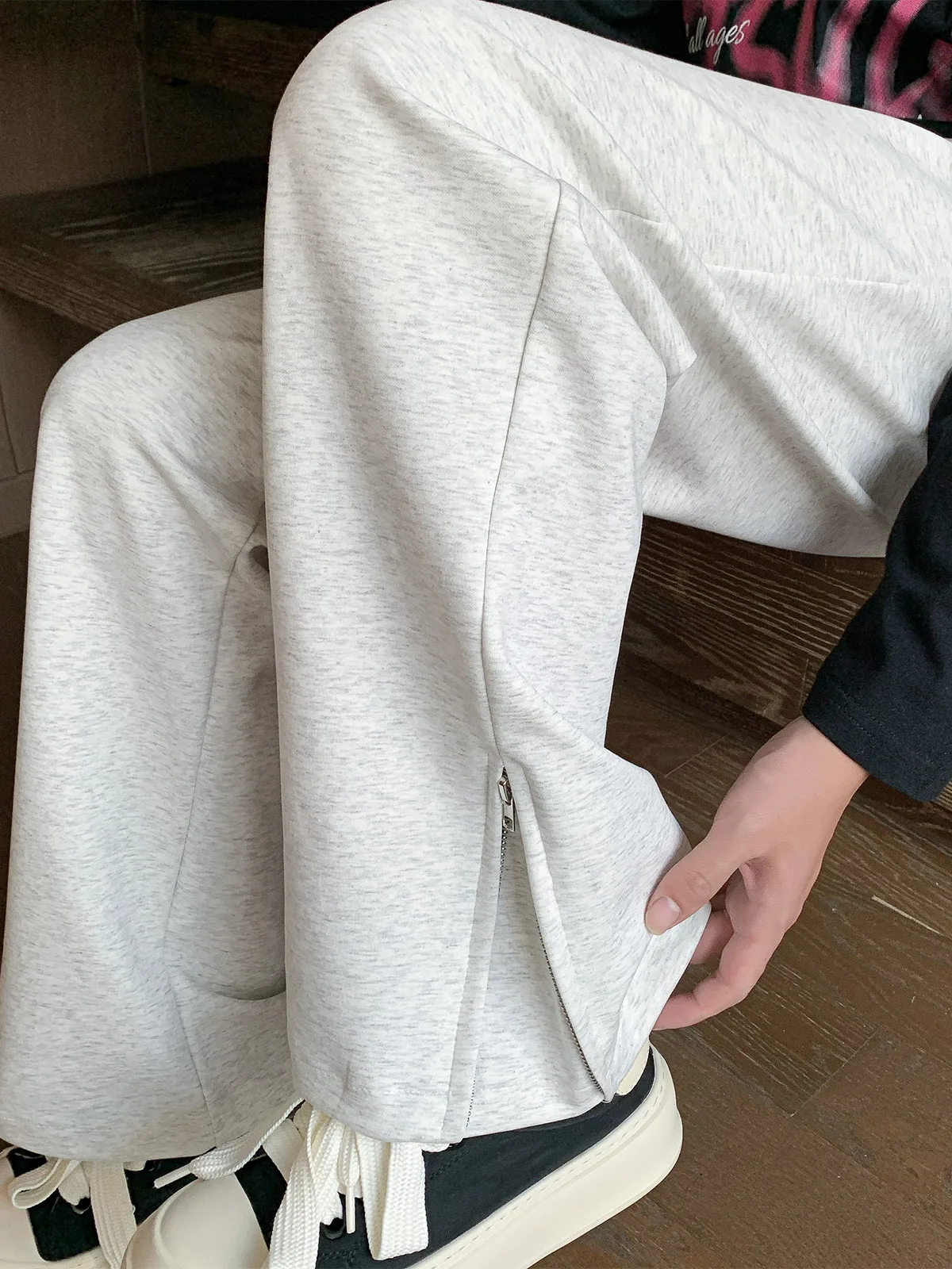 Gray Casual American Style Men's Sweatpants with Side Zipper Micro Flared Straight Leg Trousers Design Sense Knife 
