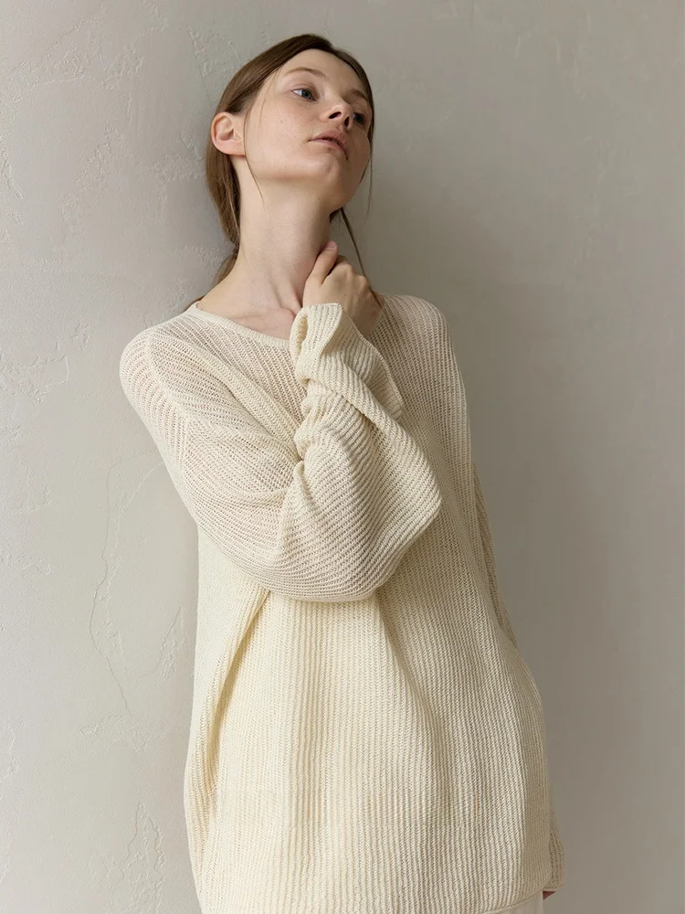 

Whitecube Women's Long Sve Knitted Top Sun Protection Wide Fit round Ne Linen Cotton Blend Cool Dry Comfortable Knitwear