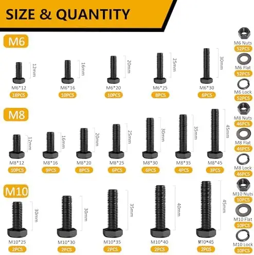 

ZTF 432PC Grade 12.9 Metric Bolt Assortment Kit – M6 M8 M10 Heavy Duty Hex Nuts, Bolts & Washers