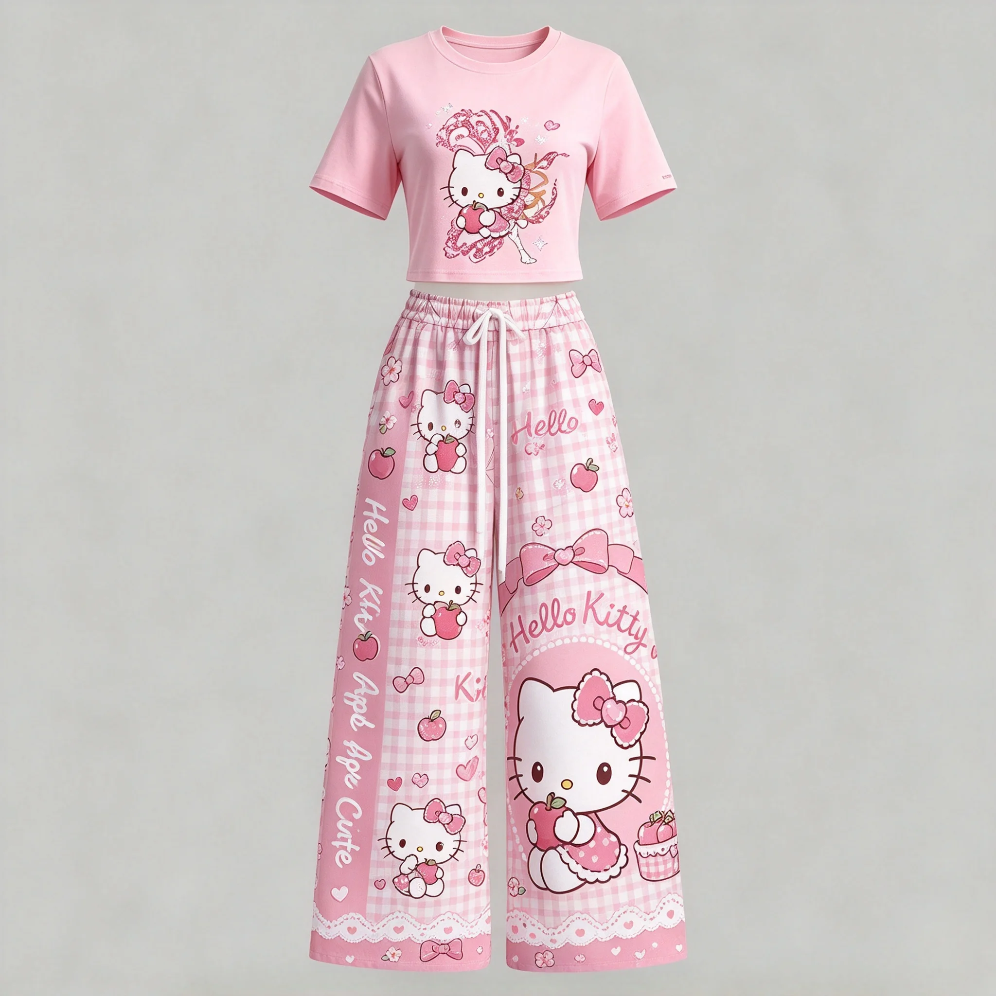 Women Pochacco Lemon Print 2 Piece Outfit, Cropped Short Sleeve T-shirt & Drawstring Wide Leg PantsKawaii Sweet Casual Tracksuit