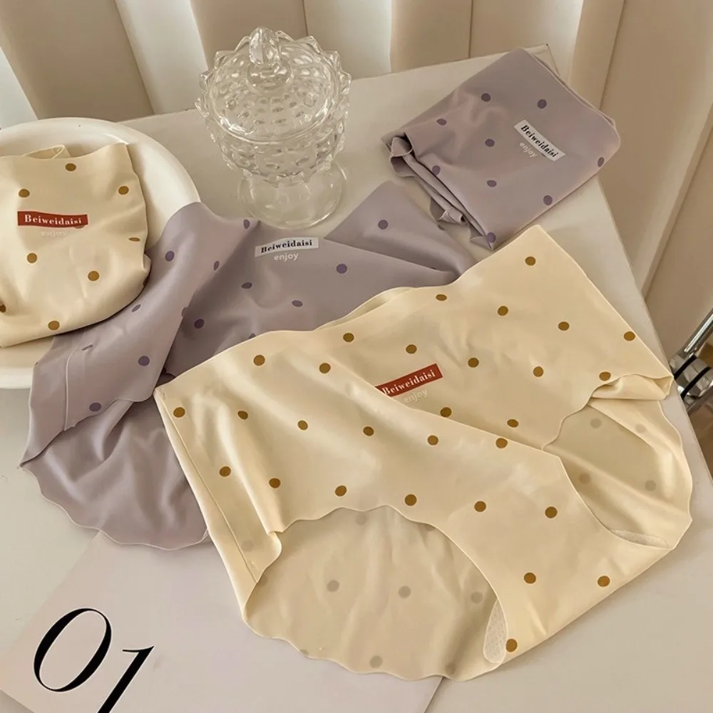 Sweet Panties Ice Silk Underwear Mid Waist Skin-friendly Women Underwear Polka Dot Seamless Briefs Gifts