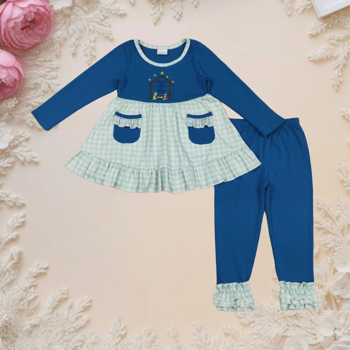 

Hot Sale Christmas Outfit Baby Girl Nativity Pockets Long Sleeve Top and Ruffle Pants Set Toddler Kids Clothes Infant Girl Wear