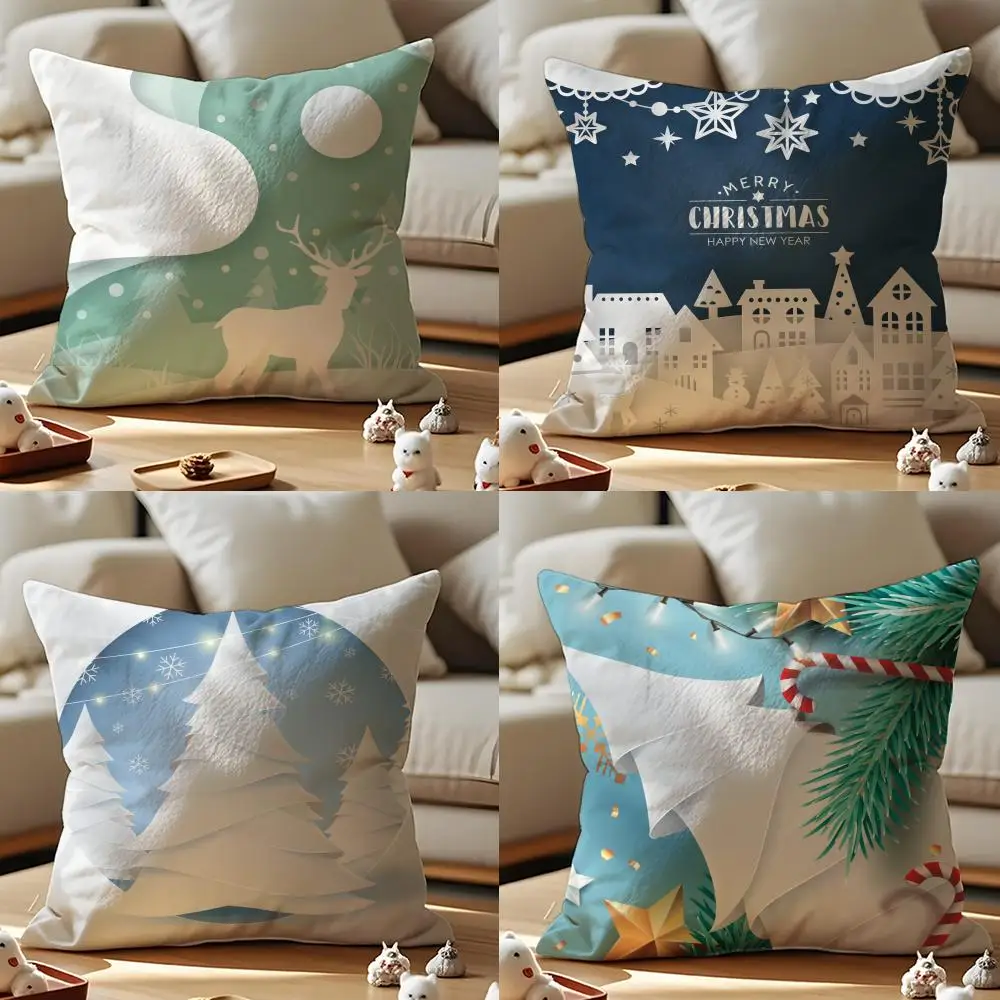 Blue And Green Snowflake Christmas Cushion Cover Anti-dustmite Pillowcase Invisible Zipper Silky Short Plush Sofa Cushion Cover