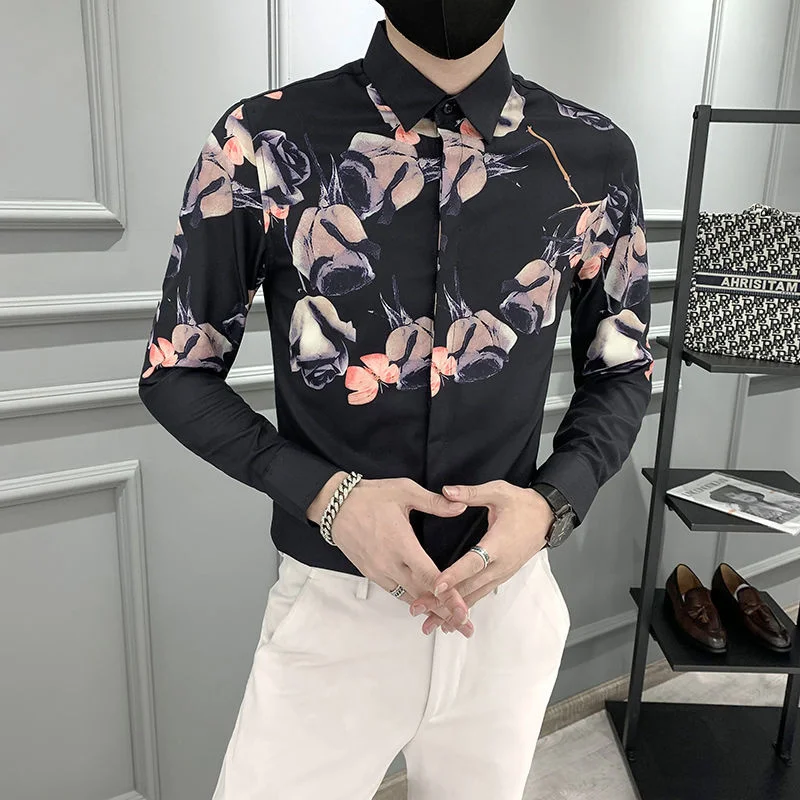 Floral coreano 2023 camisa de outono fino ajuste casual camisa social dos homens manga longa noite clube masculina camisa de flor de luxo