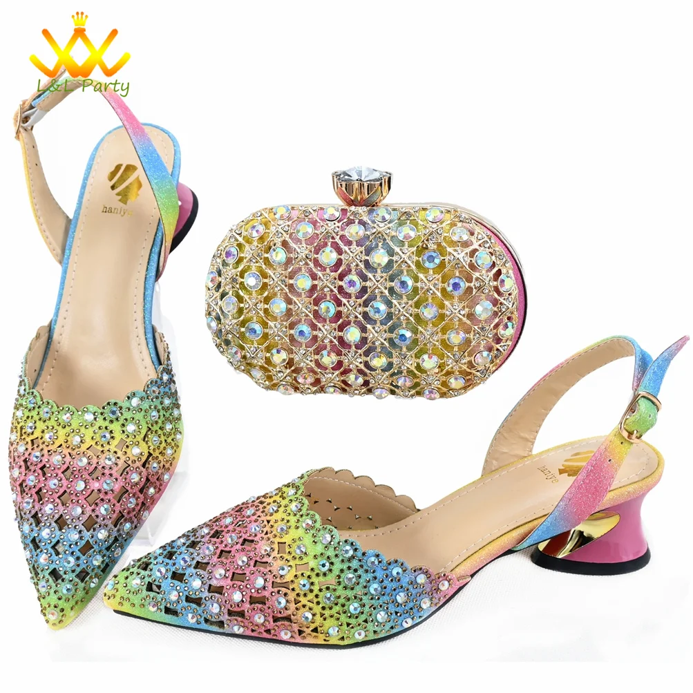 High End Banquet Pointed Toe Shoes Paired with Clutch bag 2024 INS Trendy Matching Rainbow Color with Crystal