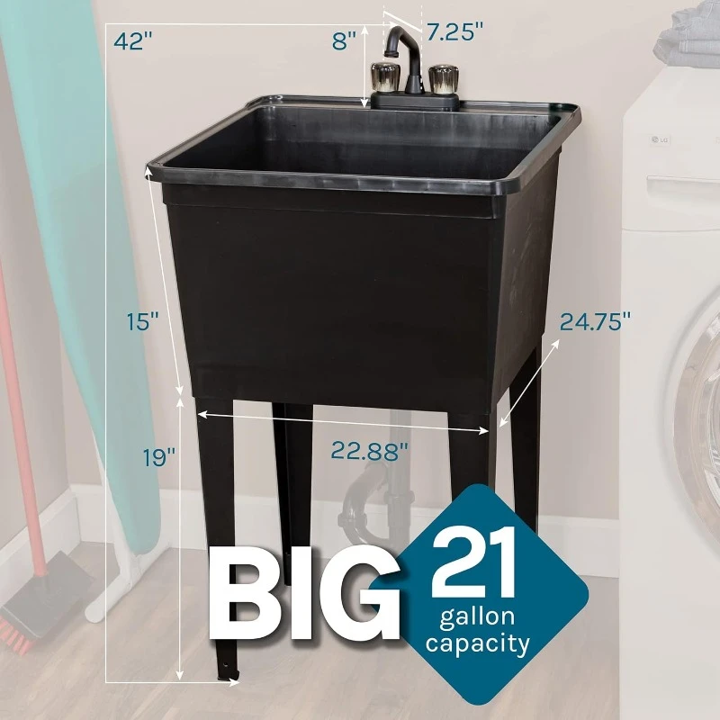 Gallon Black Freestanding Utility Sink with Black 2-Handle Faucet, Heavy Duty Plastic Laundry Tub with Adjustable Legs