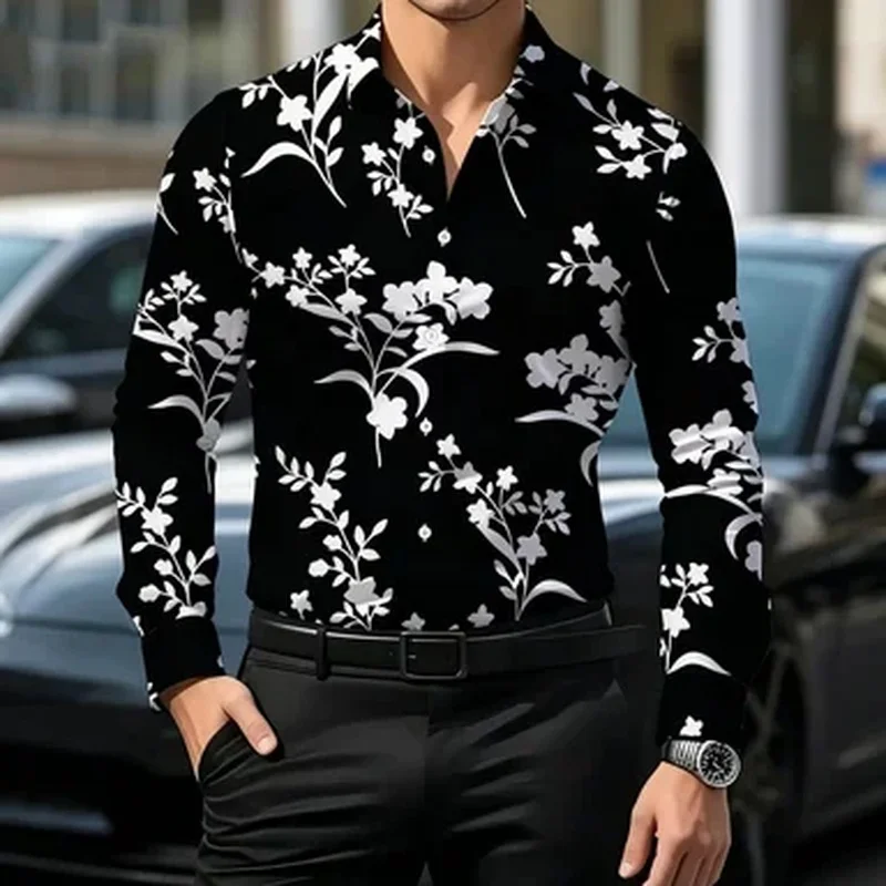 Men's long-sleeved button-up collar floral print formal shirt, romantic big flower blooming flower full-body printed men's tropi