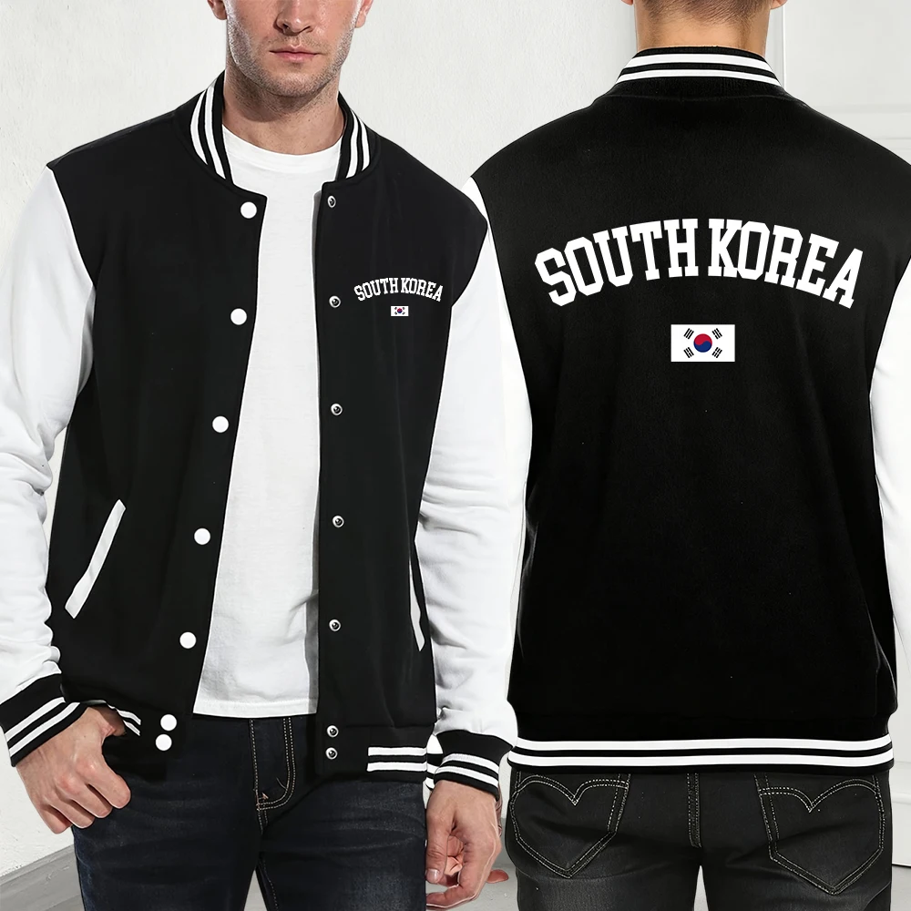 

South Korea Flag Printing Baseball Coat Men'S Winter Comfortable Jackets Basics Pocket Fleece Warm Tops Loose Casual Men Clothes