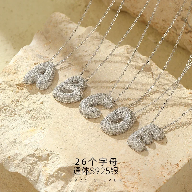 

925 Sterling Silver Bubble Letter Necklace Women's Super Flash Full Diamond Balloon English Pendant Hip-Hop Clavicle Chain