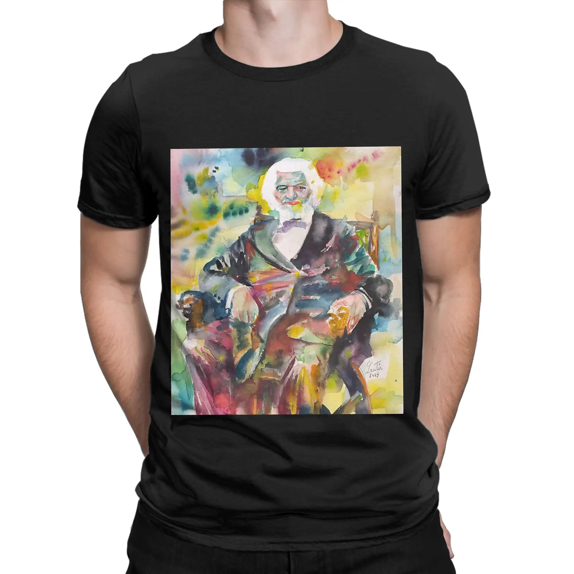 FREDERICK DOUGLASS  watercolor portrait painitng Funny 100% Cotton T-Shirt Frederick Douglass Tops Tees For Men