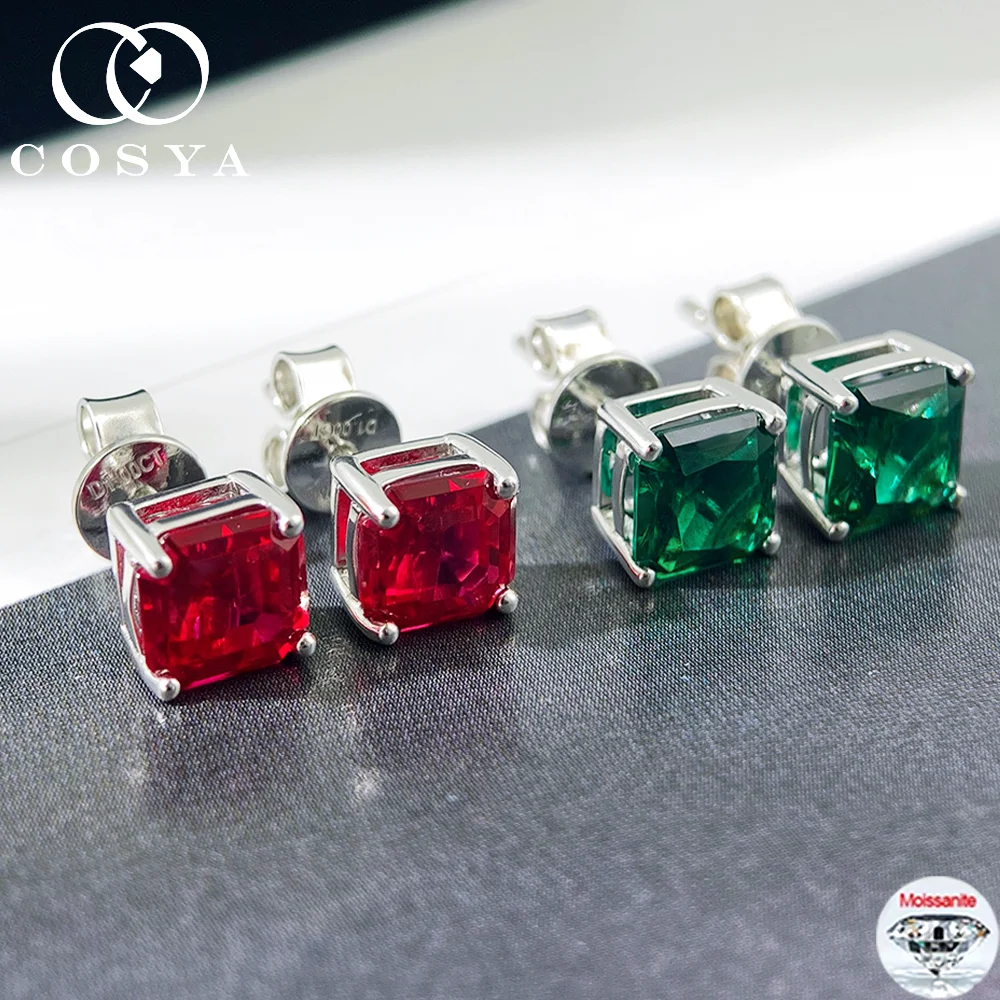 

COSYA 1/2CT Asscher Cut Lab Grown Zambian Emerald/Ruby Stud Earrings S925 Silver Sparkling Moissanite Diamond Jewelry for Women