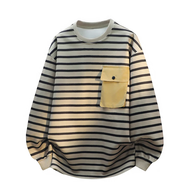 Spring Autumn Striped Sweatshirts Men O-Neck Loose Pull On Hoodie Fashion Casual Streetwear Patchwork Pocket Couple Sweatshirts