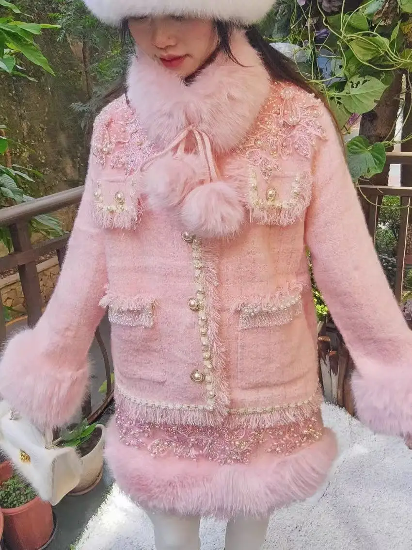 

Толстый теплый зимний комплект из искусственного меха со съемным воротником и длинными рукавами, трикотажное пальто с цветами и бисером, куртка, свитер + короткая юбка из искусственного меха