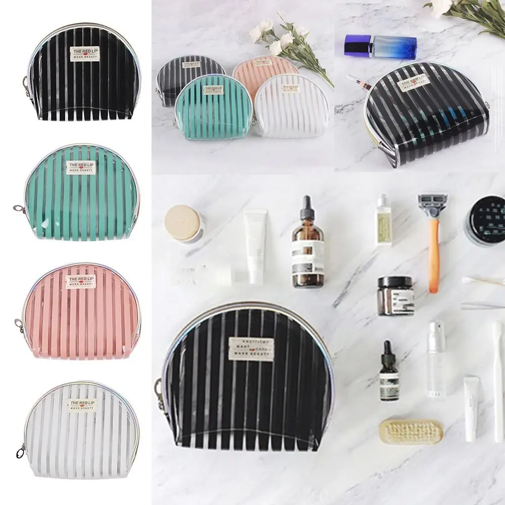 Multicolor Transparent Toiletries Bag Multipurpose Stripes Makeup Bag Large Capacity Half Circle Cosmetic Handbag