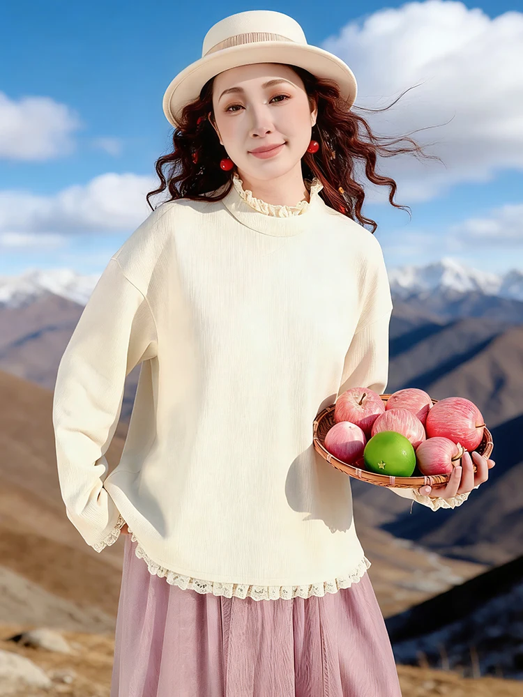 

Warm Day Original Knitted Sweater Ladies Ele Lace Trim Top Soft A-Line Winter Faion Pure E-Commerce Camere Blend