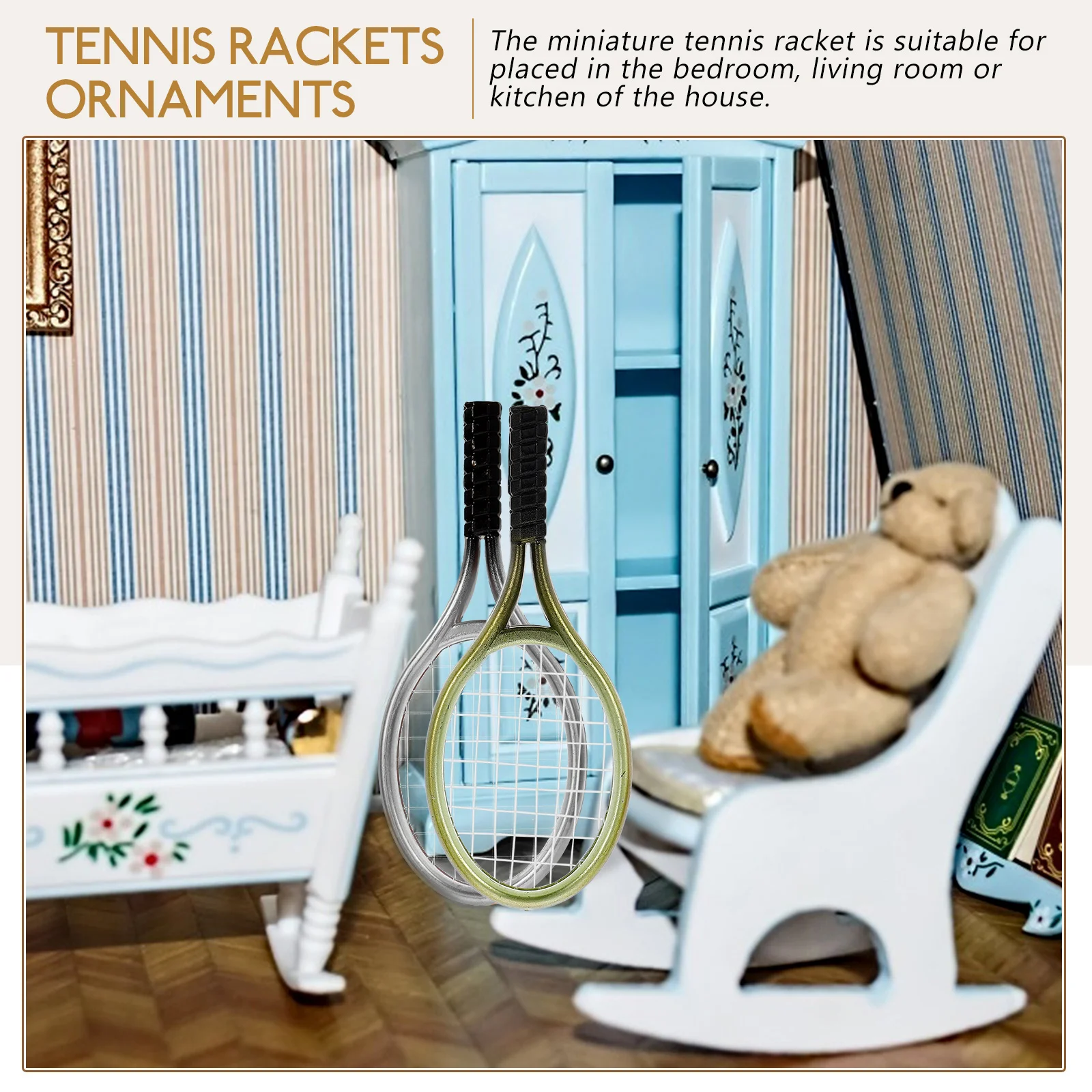 3er-Set Mini-Tennisschläger-Schlüsselanhänger, Miniaturmodell, Schläger, Bälle, Kunststoff, Dekor, Schlafzimmer, Küche, Wohnzimmer, Foto-Requisiten, Spielzeug