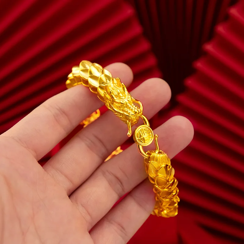 

Men's 24K Gold (AU999) Bold Dragon Bone Bracelet | Dragon-Holding-Pearl Chain, Gold-Inlaid Edges with Cloud-Patterned Links
