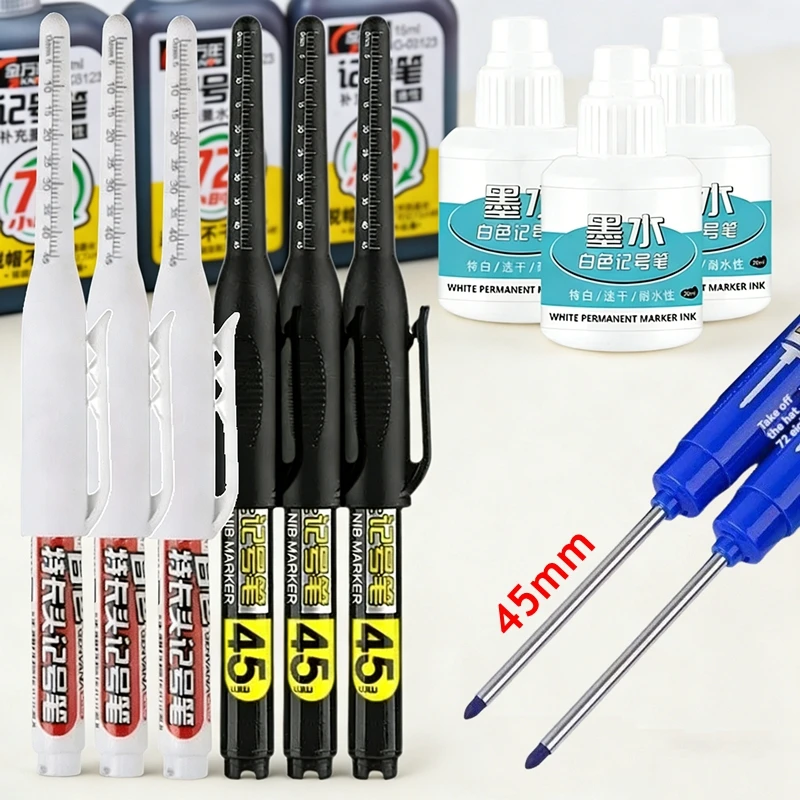 45mm White Deep Hole Long Nib Head Markers Set for Metal Perforating Pen Waterproof Bathroom Woodworking Decoration Paint
