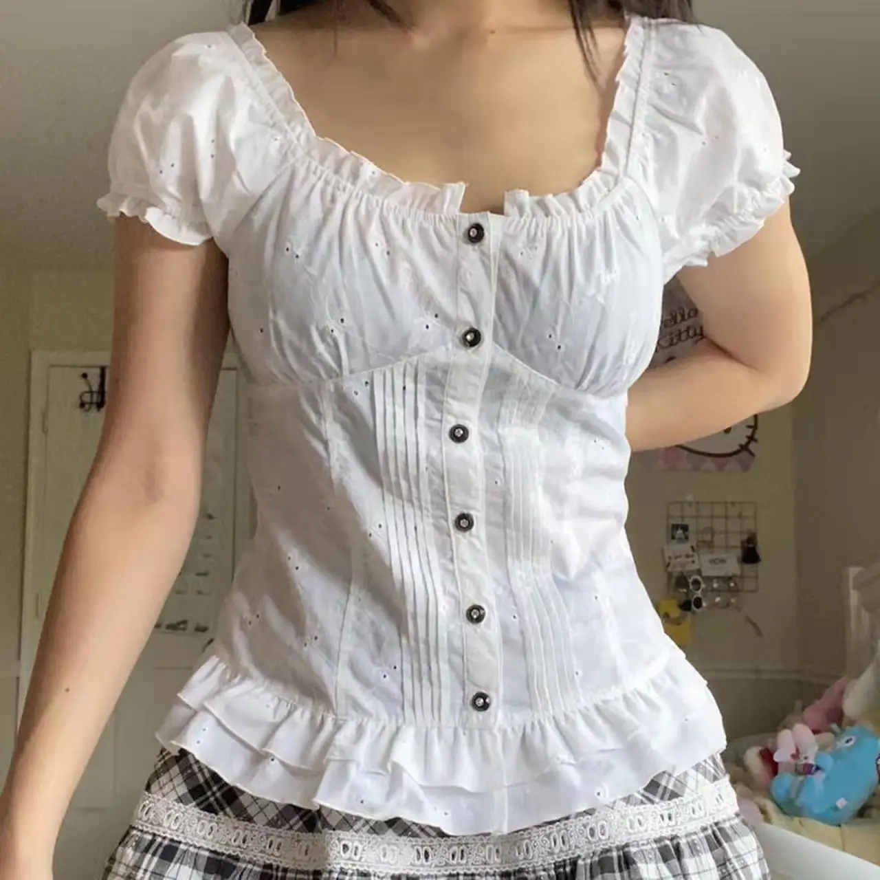 

Zeyla Women's Kawaii Corset Top 2025 Y2K Vintage Tee Lace Trim V-Neck Button-Up Slim Fit Summer Harajuku Streetwear Shirt