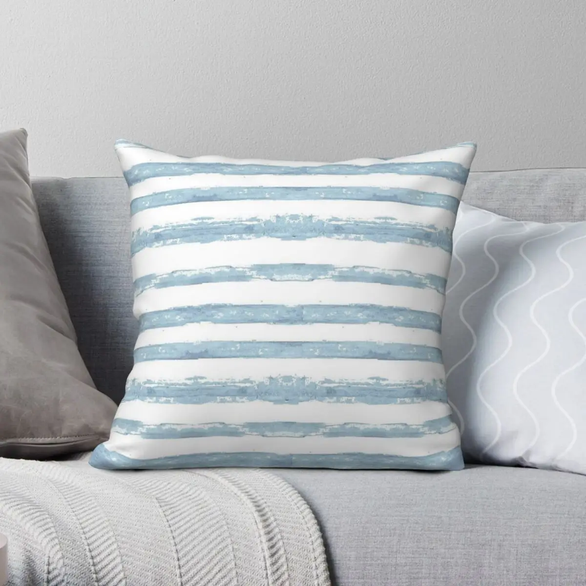 Blue Grey Coastal Waves Stripes Square Pillowcase Polyester Linen Velvet Pattern Zip Decorative Bed Cushion Cover 45x45