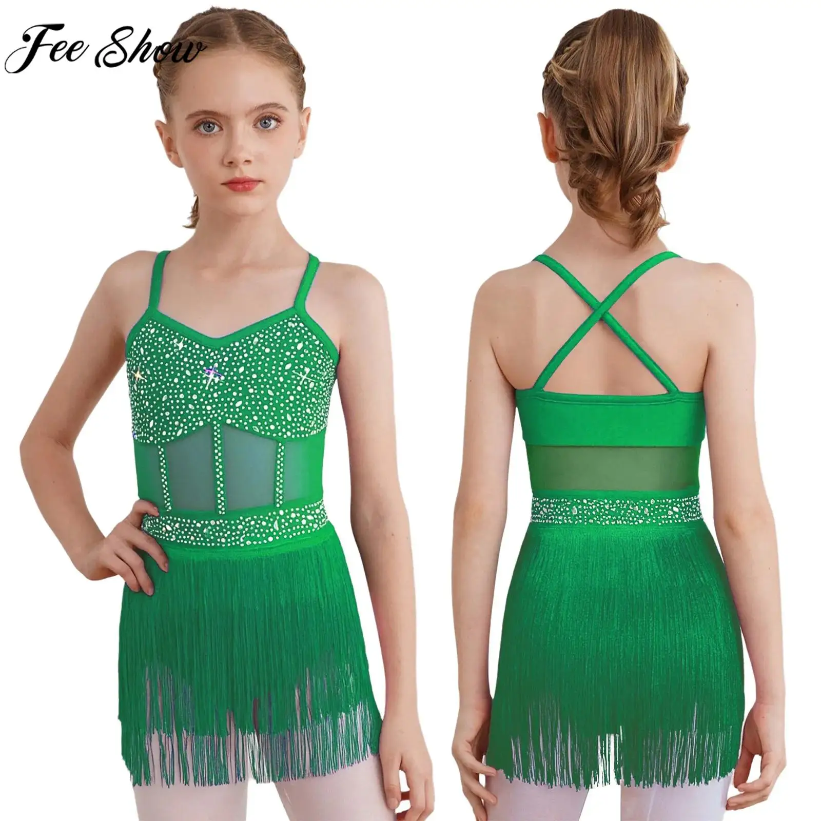 Children Girls Tassel Latin Dance Leotard Dress Tango Cha-cha Samba Rumba Ballroom Clothes Shiny Rhinestone Sheer Mesh Bodysuit