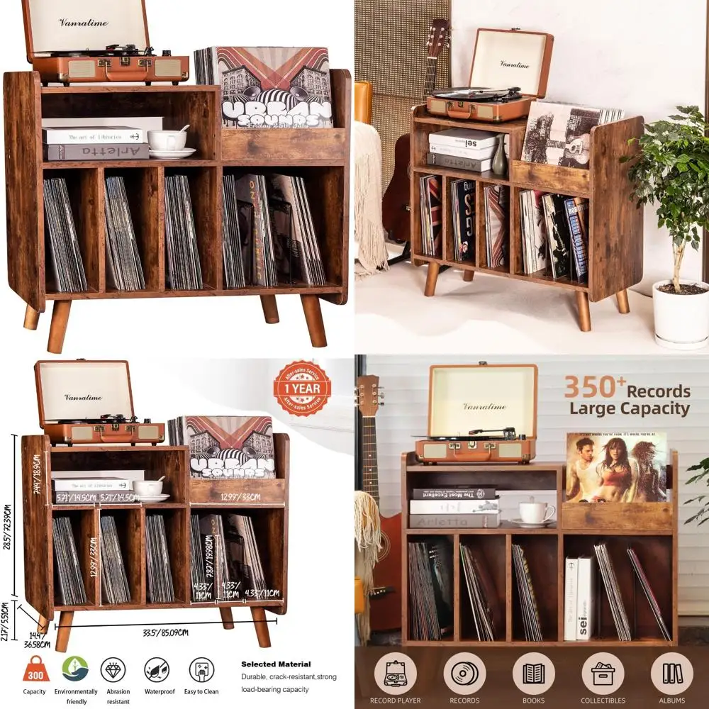 حامل مشغل التسجيل، خزانة طاولة كبيرة لمشغل التسجيلات مع مساحة تخزين من الفينيل المفتوح ورف عرض يحمل ما يصل إلى 350 ألبومًا، متوسطة السن
