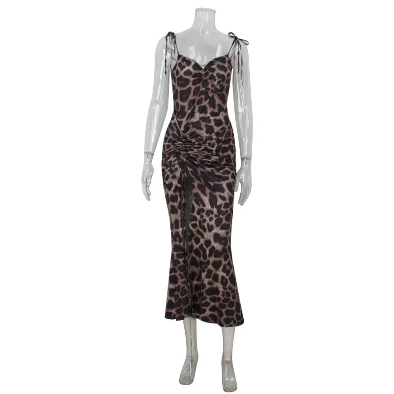 Leopard Printed Dresses For Women Fashion Sexy Partywear Spaghetti High Side Split V-Neck Slim Fit Sleeveless Long Vestidos Robe