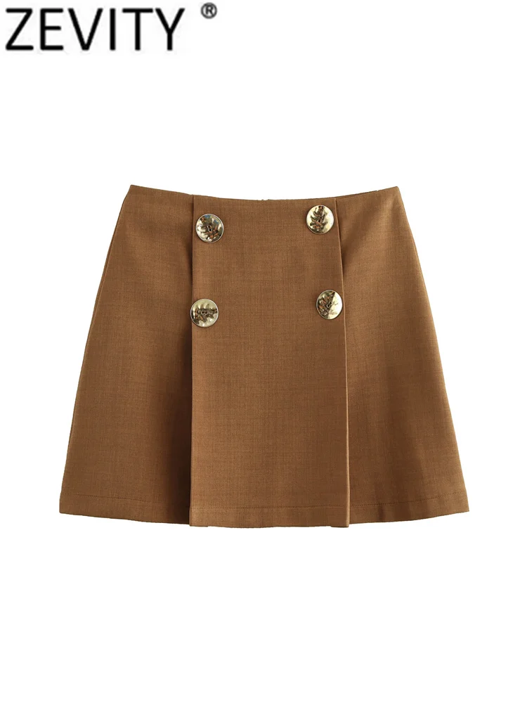 Zevity Women Fashion Golden Buttons Design Pleats Mini Skirt Faldas Mujer Female Chic Casual Slim Zipper Brand Vestidos QUN7331