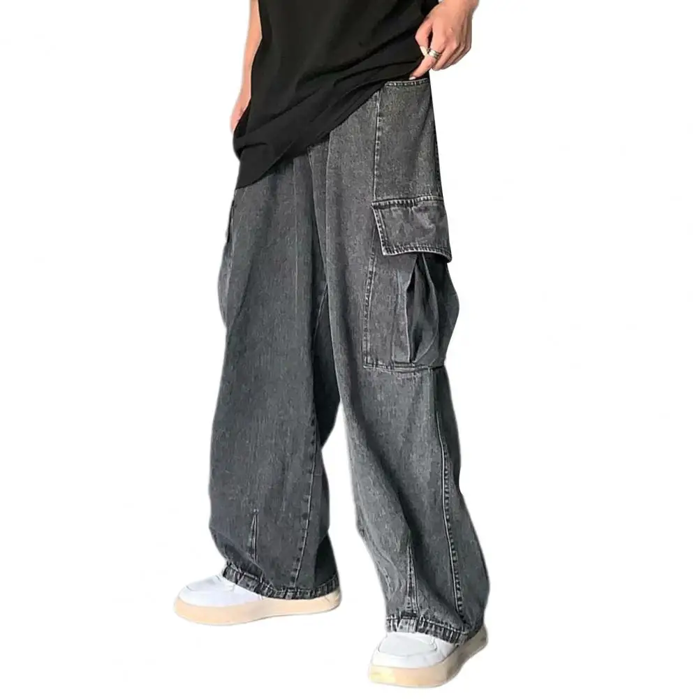 Pantalones holgados de pierna recta para hombre, ropa de calle Retro, pantalones Cargo holgados con múltiples bolsillos, mezclilla de pierna ancha para verano