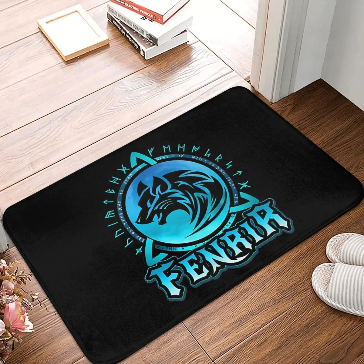 Fenrir Loki's Son Wolf And Blue Moon With Norse Runes Viking Non-slip Doormat Carpet Living Room Kitchen Mat Outdoor Home Decor