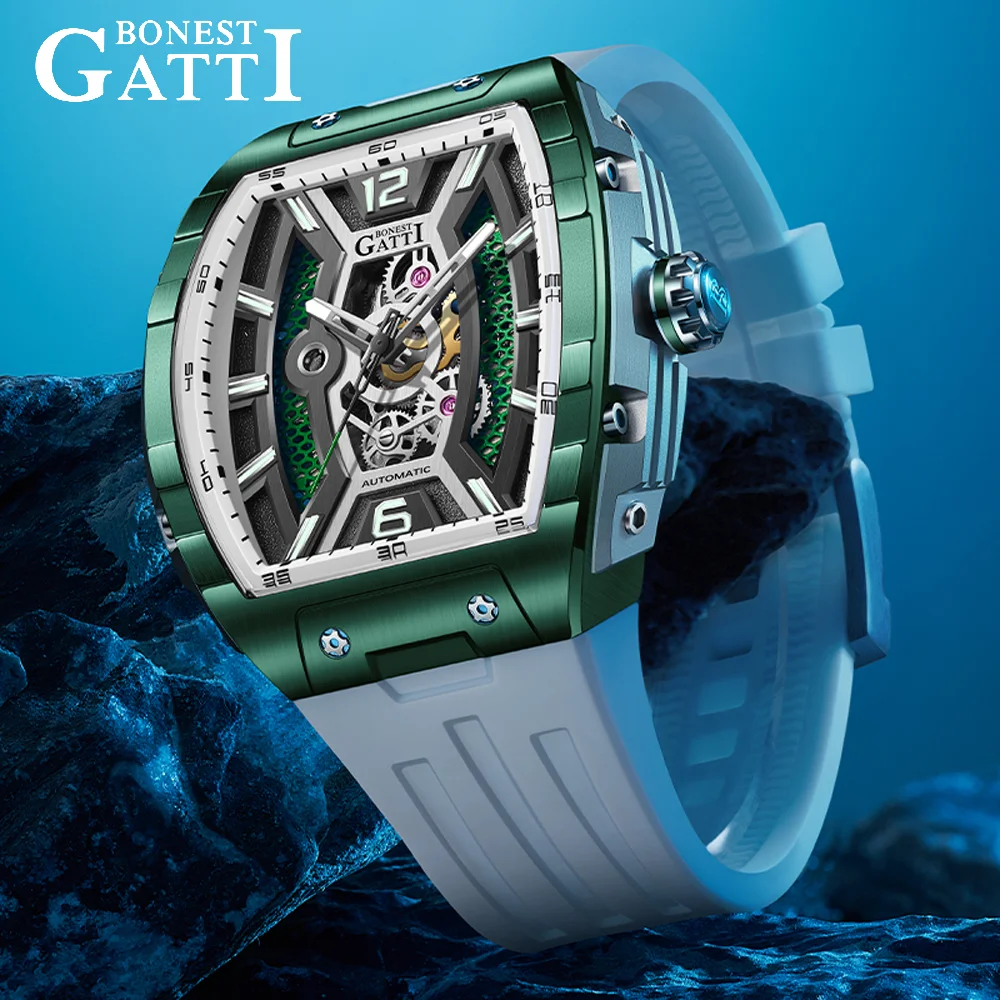 BONEST GATTI Men's Tonneau Auto Mechanical Watch Luxury Sapphire Crystal Silicone Strap 5ATM German Crafted Crafted BG-5601
