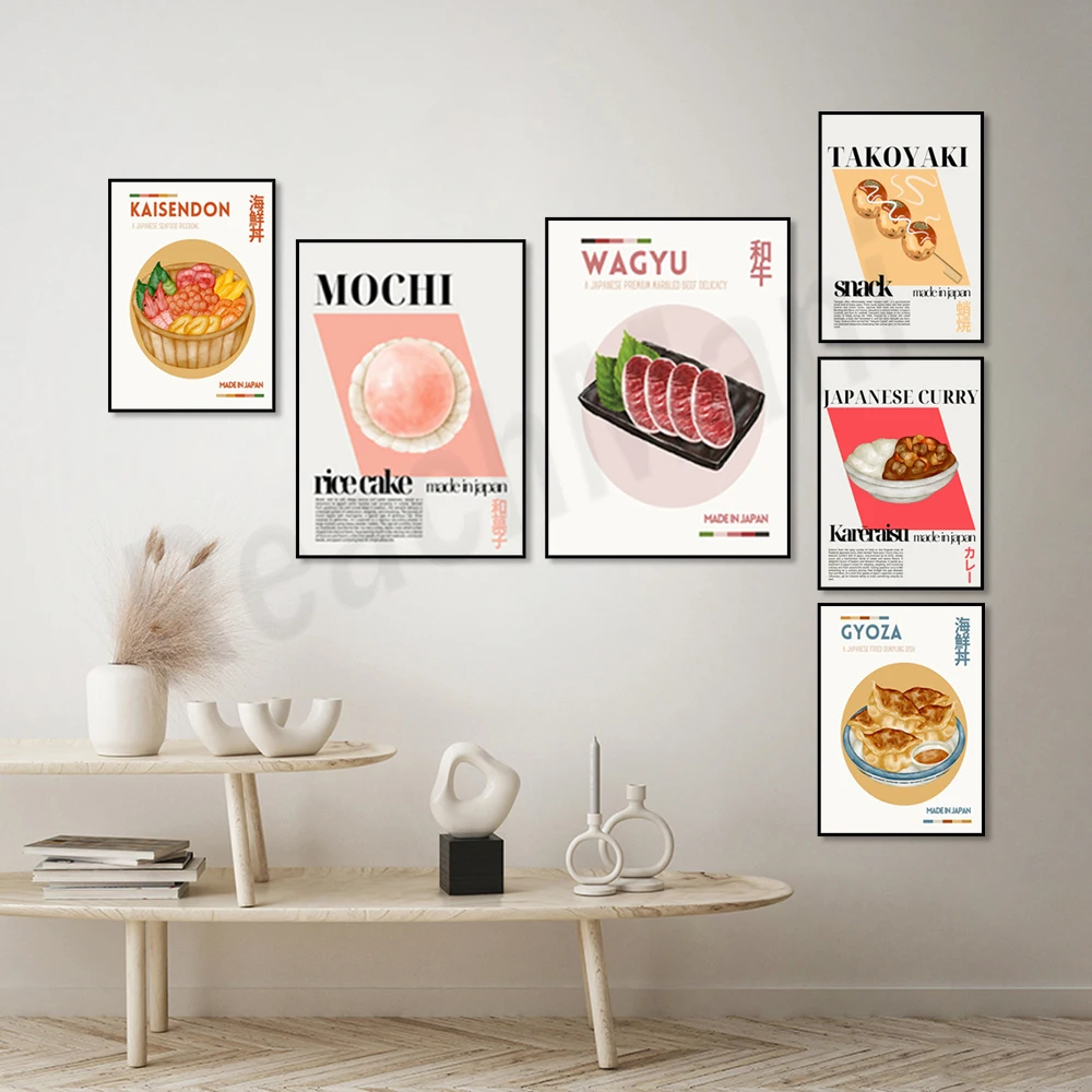 Tempura, eel, ramen, yakitori, seafood rice bowl, dumplings, curry, sake, takoyaki, mochi, wagyu Japanese street food poster