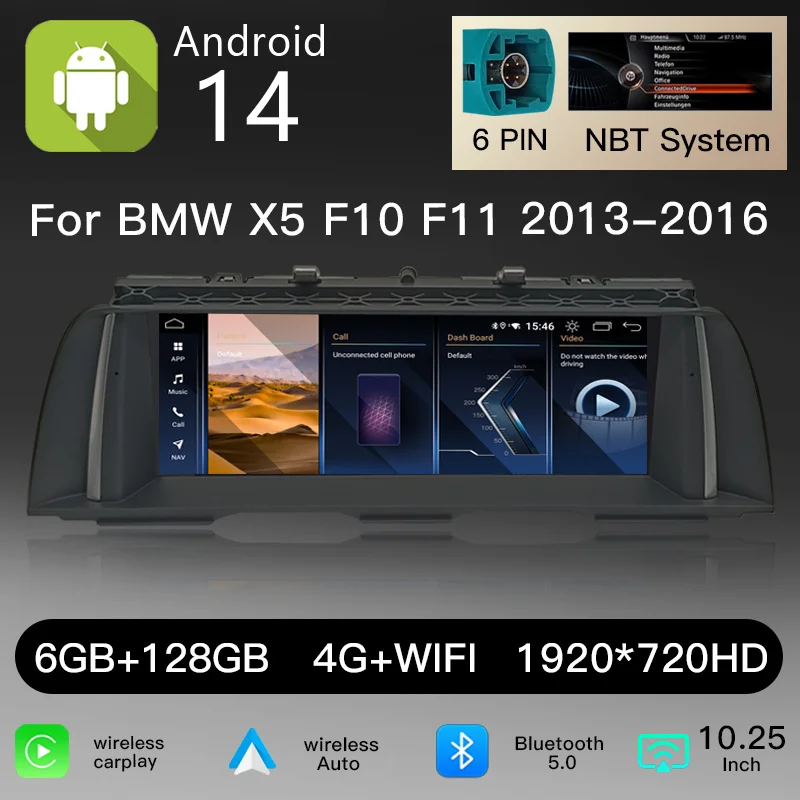 10,25" 1920*720 IPS-scherm, draadloze CarPlay, Android 14 autoradio voor BMW 5-serie F10 F11 NBT CIC 2011-2017, multimedia-speler, DSP, 4G, WiFi, GPS, stereo-hoofdunit