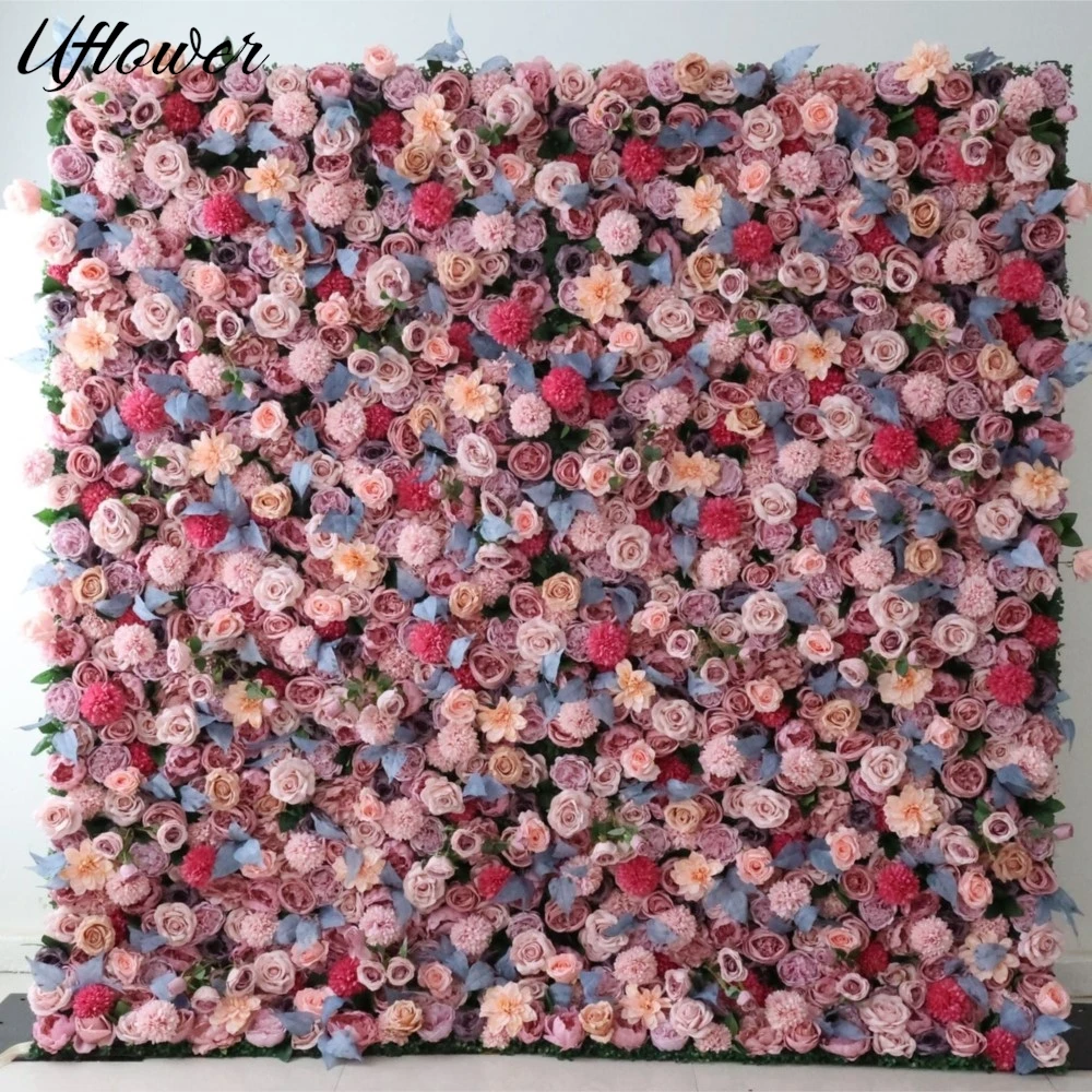 

Uflower Pastel Blue Pink Rose Cloth Flower Wall Wedding Backdrop Fabric Floral Green Plant Wall Window Display Event Party Props