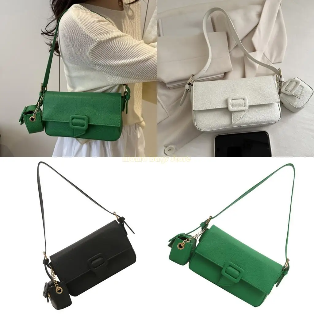 

X90D Women Shoulder Bag with Pendent Solid Color Handbag All-matching Underarm Bag Retro Armpit Bag PU Leather Commuting Bag