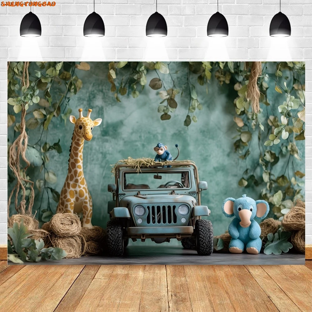 بالونات خلفية لحيوانات الغابة سفاري، حفلة عيد ميلاد للأطفال، كعكة سحق التصوير الفوتوغرافي، استوديو الصور