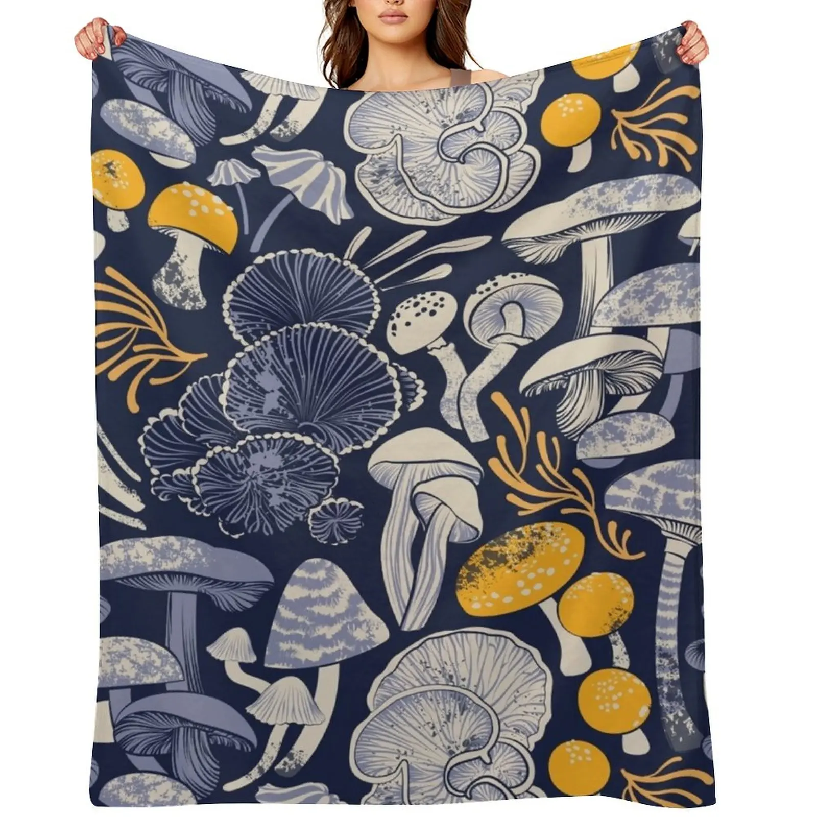 

Mystical fungi // midnight blue background ivory pale blue and yellow wild mushrooms Throw Blanket halloween Blankets