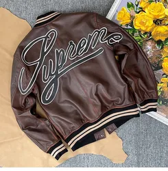 High-End Retro Distressed Jacket Brown Tea Core Cowhide Jacket Men's Genuine Leather Jacket Heavy Embroider Soft Leather