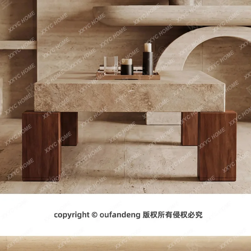 XXMedieval wabi sandy wind natural travertine rectangular solid wood coffee table living room household small apartment light