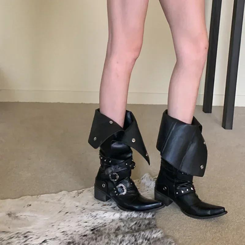 Damskie buty punkowe do kolan na platformie, niski obcas, trendy punk, gotyk, new rock, skórzane, masywne buty motocyklowe w stylu rycerskim.