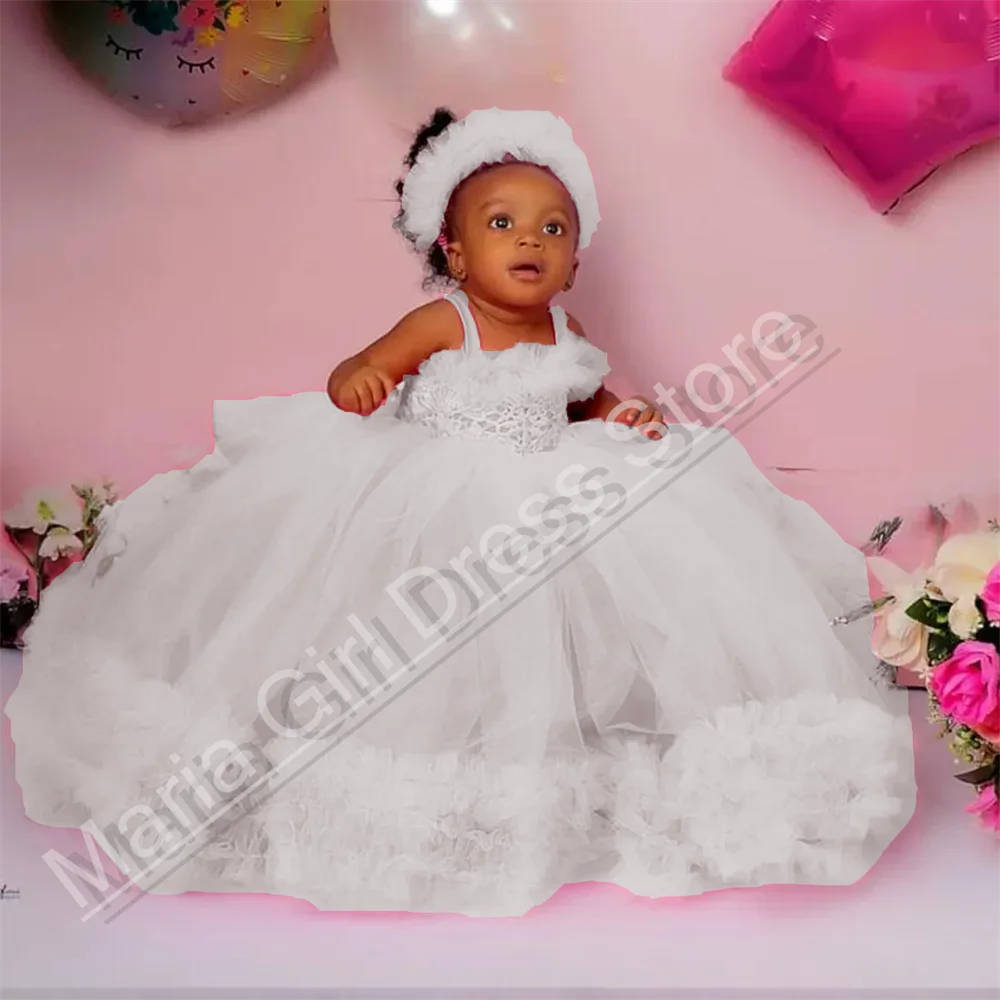 Witte bloemenmeisjesjurk voor bruiloft Dunne bandjes Kinder schoonheidswedstrijd Prinses Verjaardag Eerste communiejurk