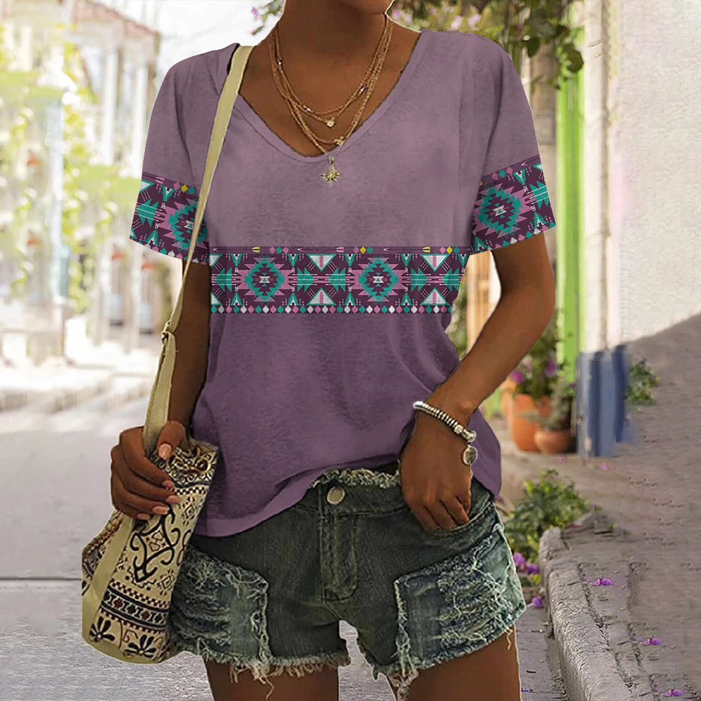 Tribal Ethnic Style 3D Print T-Shirts Women Fashion Vintage Streetwear Short Sleeve V-Neck T Shirt Girl Tees Tops Woman Clothing