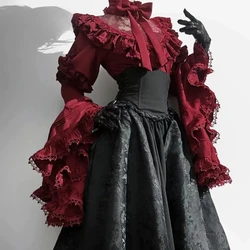 Gothic Shirt Y2k Top Lolita Girls Ruffle Umbrella Skirt High Waist Oversized Long Skirt Horn Long Sleeve Student Elegant Blouse