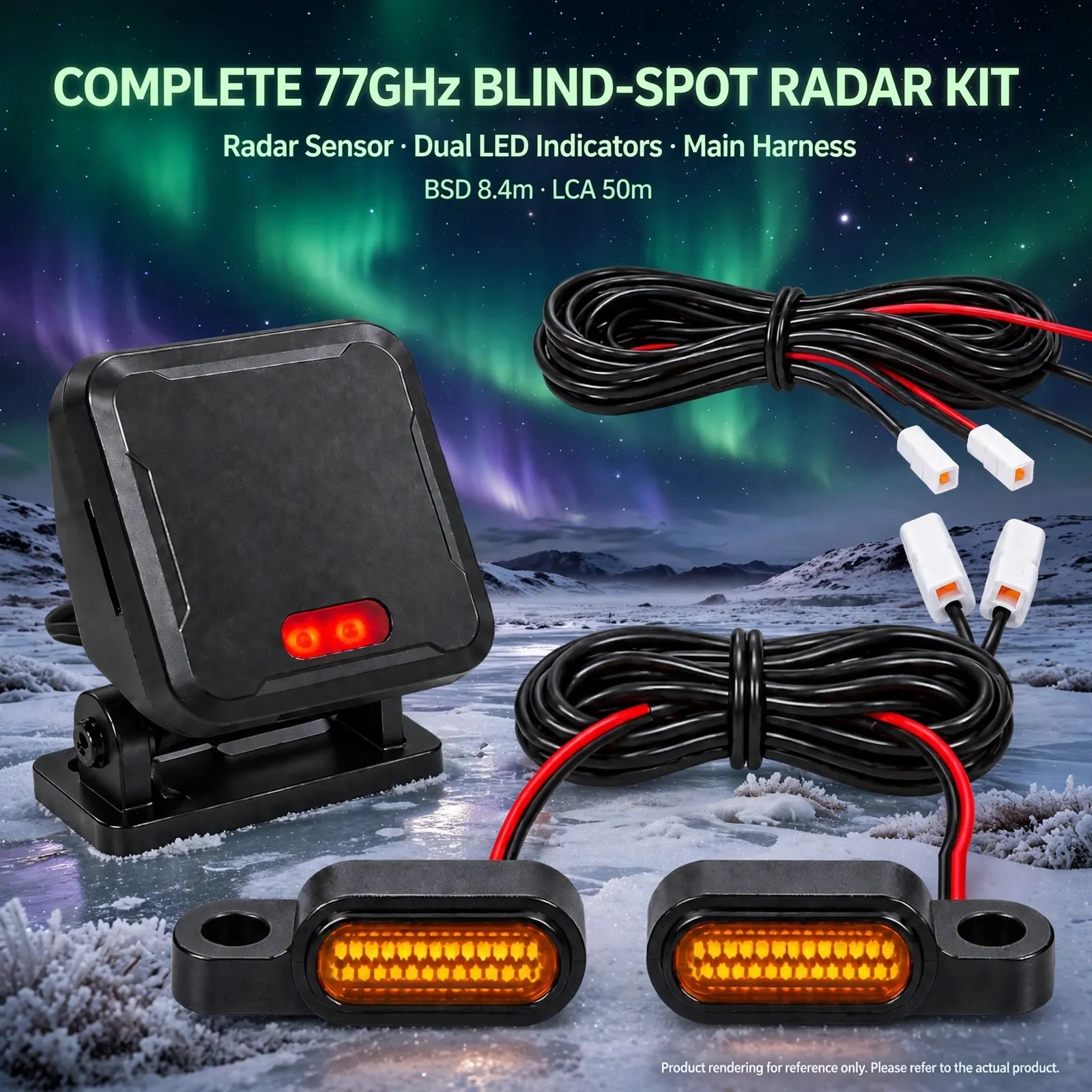 77GHz Motorcycle Blind Spot Monitoring Radar System with Dual LED Warning Indicators – Up to 70m Rear Detection, BSD 8.4m, LCA 5