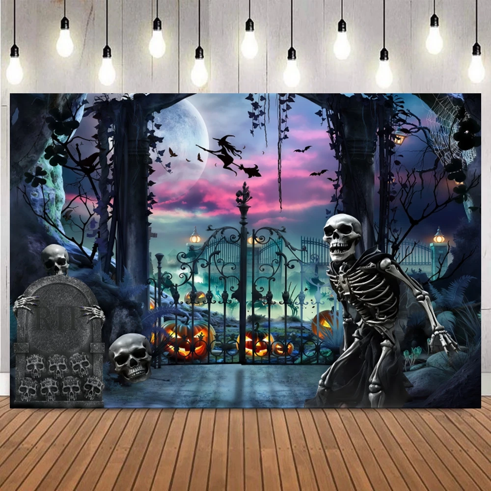 Magic Halloween Themed Photography Background Witch Castle Pumpkin Lantern Tombstone Skull Bats Spider Web Terror Photo Backdrop