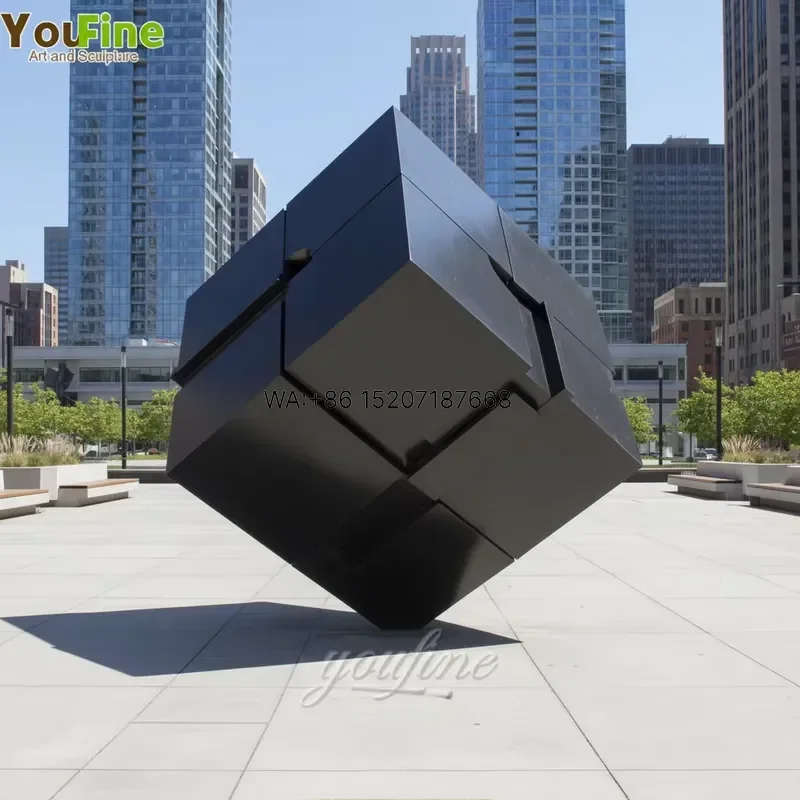 Wmwmnu Large Modern Geometric Cube Sculpture Black Stainless Steel Statue for Outdoor Park and Plaza Decoration
