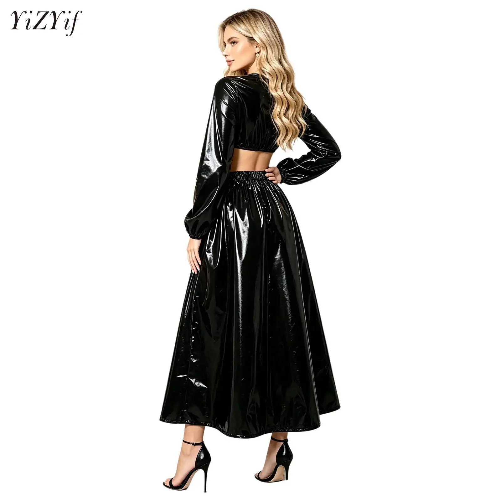 Women Waterproof Glossy Costume Nightwear Long Sleeve T-shirt Crop Sweat Top with  Maxi Skirt for Nightclub Disco Clubwear