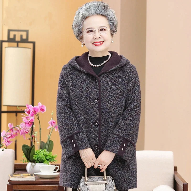 

Middle-aged Mother Casual Hooded Woolen Coat Autumn Winter Thicken Warm Overcoat Grandma Quilted Wool Jacket Outwear