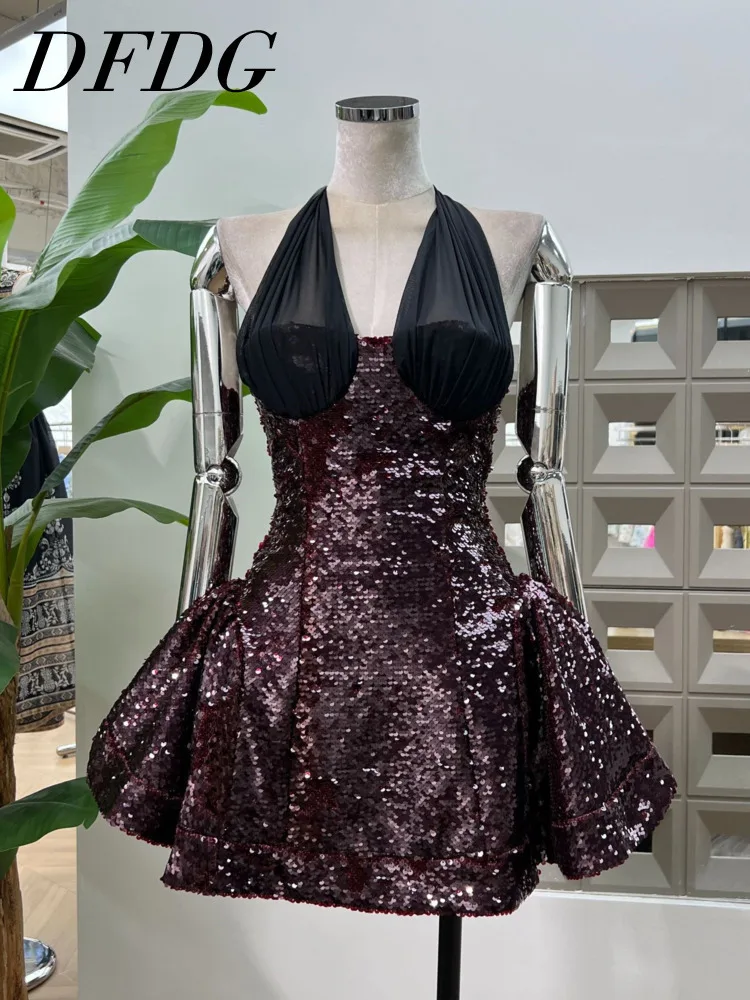 

DFDG Women’s 2025 Designer Sequins Halter Neck Puff Waist Flared Short Dress Luxury Beach Evening Party Burgundy Evening Dresses