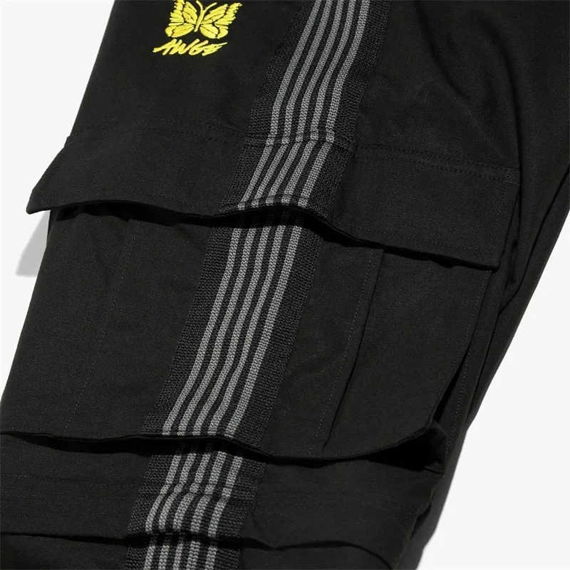 Black Needles Work Pants High Quality 1:1 Mens Womens Knitted Striped Smooth Fabric Butterfly Logo Sports AWGE Trousers